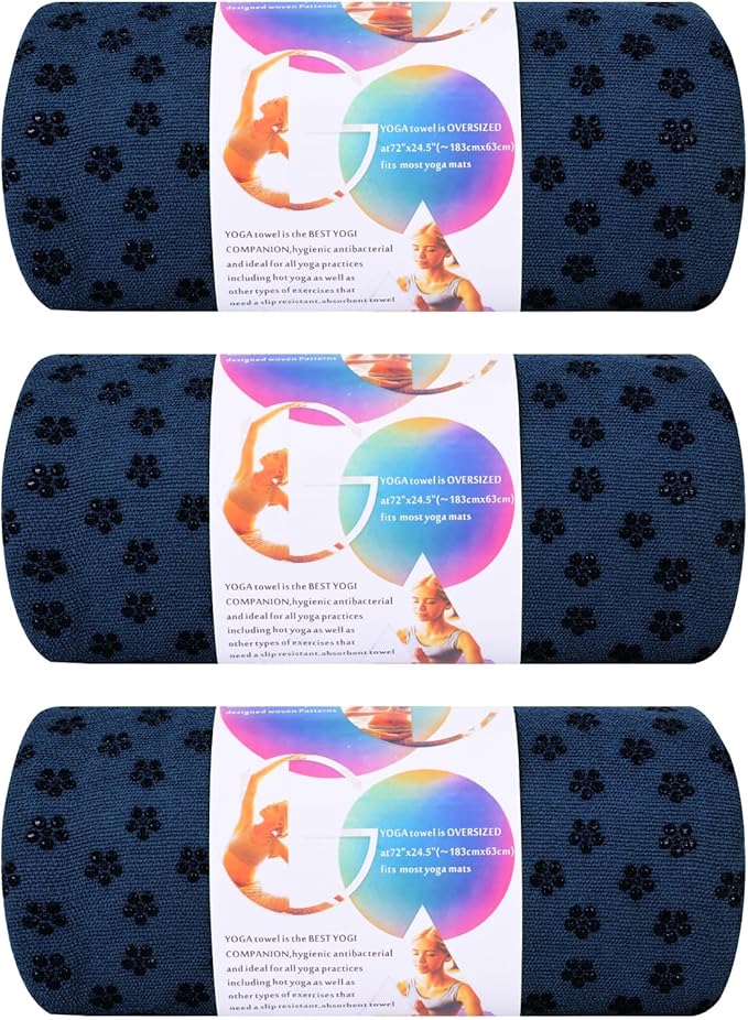 3 Pack Hot Yoga Towels with Plum Blossom Dots, Navy Blue Non-Slip Yoga Mat Towel, Super-Absorbent Soft Suede Microfiber Towel for Hot Yoga, Pilates, Bikram and Exercise Workout(24" x72",Navy Blue)