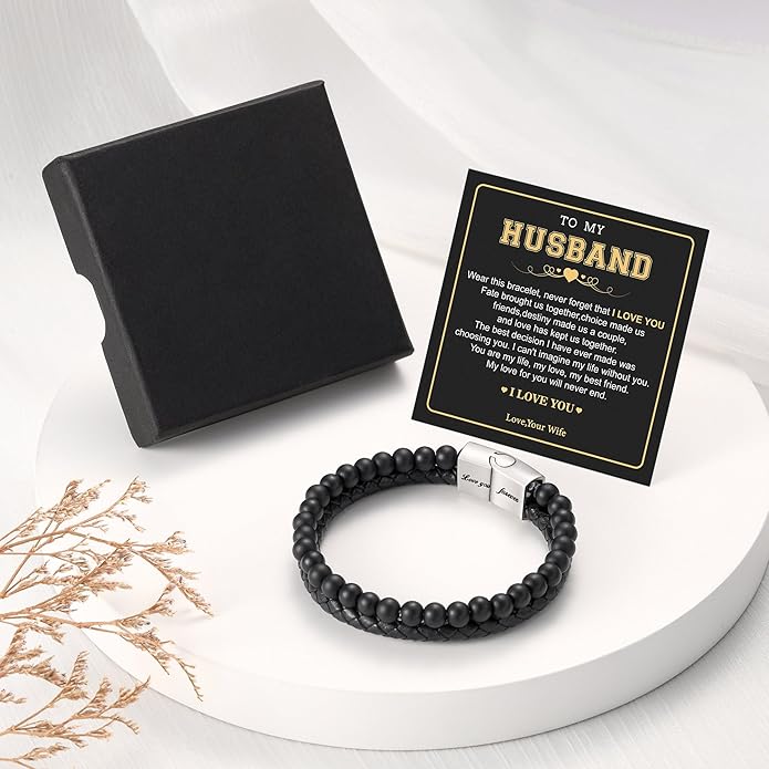 LUXEJEW Gifts for Men - Beaded Leather Bracelet 6mm Matte Agate Stone Bracelets for Men Dad Son Husband Boyfriend Grandpa Grandson Brother Uncle Nephew Adjustable Magnetic Clasp