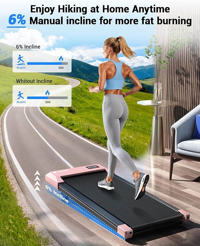 DeerRun Under Desk Walking Pad Treadmill for Home Office & Small Spaces, 6% Manual Incline, 0.6–3.8 MPH Walking Speed, 2.5 HP, 300 lb Capacity, App & Remote Control