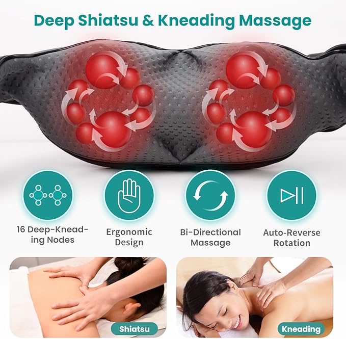 Nekteck Shiatsu Neck Massager with Heat for Pain Relief Deep Tissue, 2026 Upgraded Back Shoulder Kneading Massage Pillow, Body Relaxation Tool Gifts for Him Her (with Storage Bag, NOT Cordless)