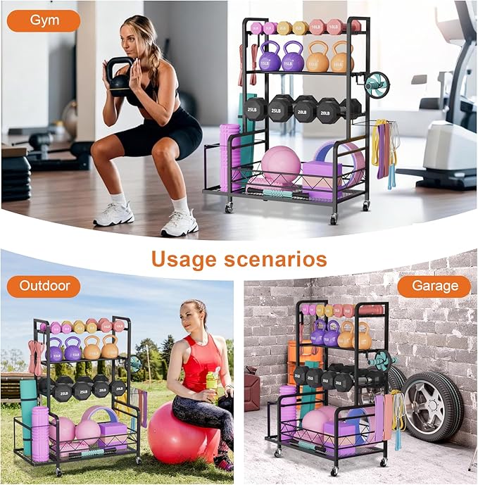 Dumbbell Rack, Adjustable Weight Rack for Home Gym Storage with 4 Wheels, Side Basket, Hooks, Multipurpose Metal Dumbbell Stand for Kettlebells, Yoga Gear, Strength Training Equipment, Black