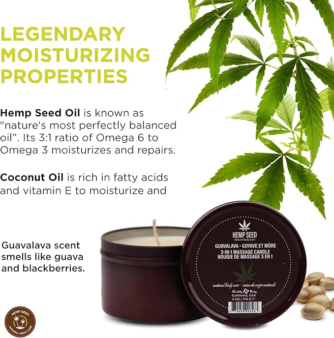 Hemp Seed 3-in-1 Massage Candle, Guavalava Scent - 6 oz. - Candle, Massage Oil & Moisturizer in One - Hemp Seed, Coconut, Apricot & Soybean Oil - Vegan & Cruelty Free