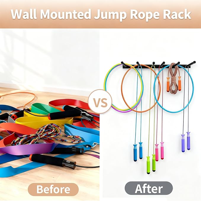 BiJun Wall Mount Jump Rope Rack Multi Use Hoop Rope Holder Organizer Fitness Equipment Storage Rack for Hoops, Foam Rollers Resistance Bands,Home/Gym Storage
