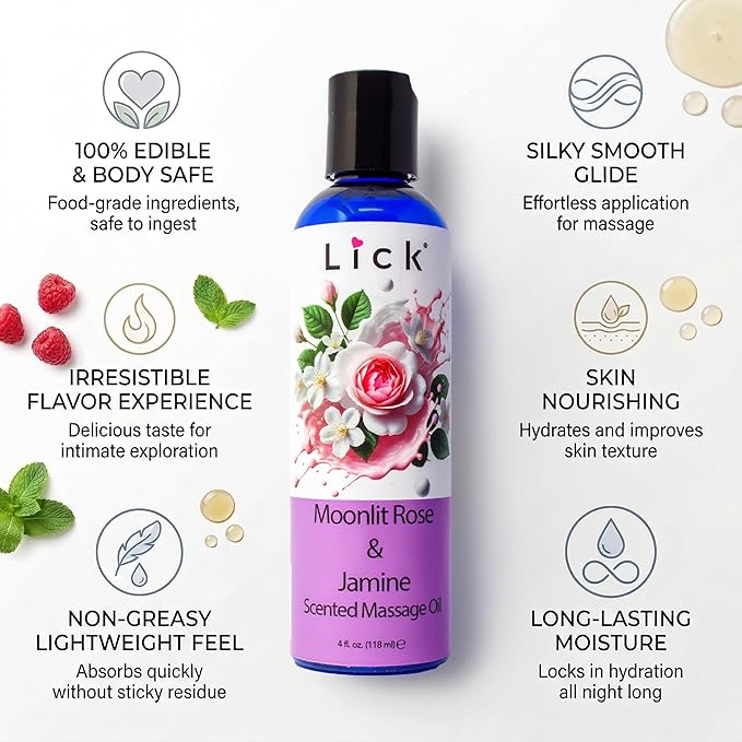 Lick Rose and Jasmine Massage Oil – Elegant Floral Massage Oil with Sweet Almond Oil & Vitamin E, Relaxing Aromatherapy Glide for Couples Massage, 4 oz