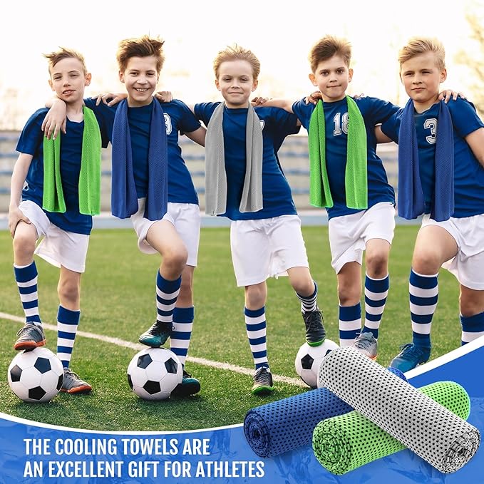 Hosuly 12 Pieces Cooling Towels for Hot Weather Soft Breathable Cold Towel Yoga Towels for Sweat, Sports, Workout, Fitness, Gym, Running, Travel Camping, 12 x 40 Inch (Dark Blue, Light Gray, Green)