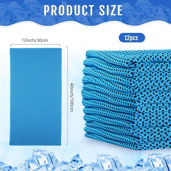 Hosuly 12 Pieces Cooling Towels for Hot Weather Soft Breathable Cold Towel Yoga Towels for Sweat, Sports, Workout, Fitness, Gym, Running, Travel Camping, 12 x 40 Inch (Light Blue)