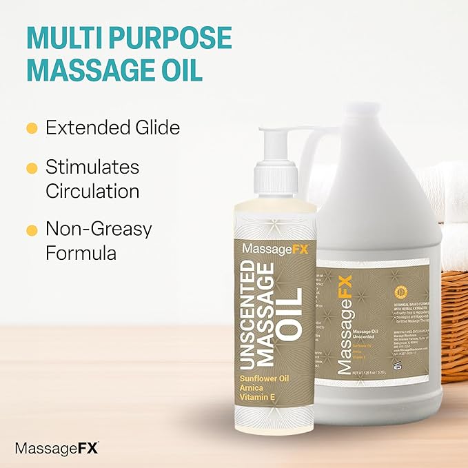 Massage Oil by Massage FX - 100% Pure Sweet Almond & Sunflower Seed Oil - Vitamin E - Ivy, Arnica & Aloe - Unscented - Perfect for a Full Body Massage, Maximum Friction - Paraben Free - 8 Ounces Pump