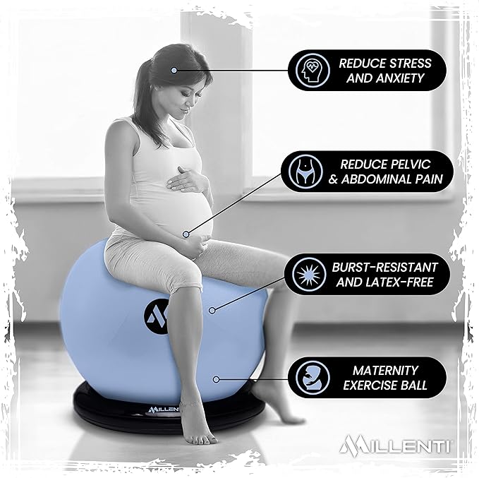 Millenti Exercise Ball Chair 65cm - Yoga Ball Chair Stability Base Ring Kit & Fitness Resistance Bands For Home, Gym Bundle, Pilates Ball, Office Chair, Birthing Ball For Pregnancy - With Workout Chart