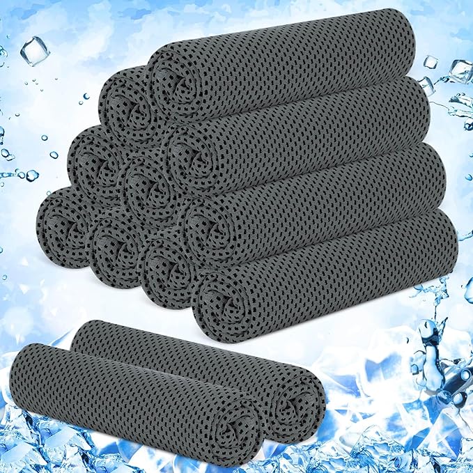 Hosuly 12 Pieces Cooling Towels for Hot Weather Soft Breathable Cold Towel Yoga Towels for Sweat, Sports, Workout, Fitness, Gym, Running, Travel Camping, 12 x 40 Inch (Dark Gray)