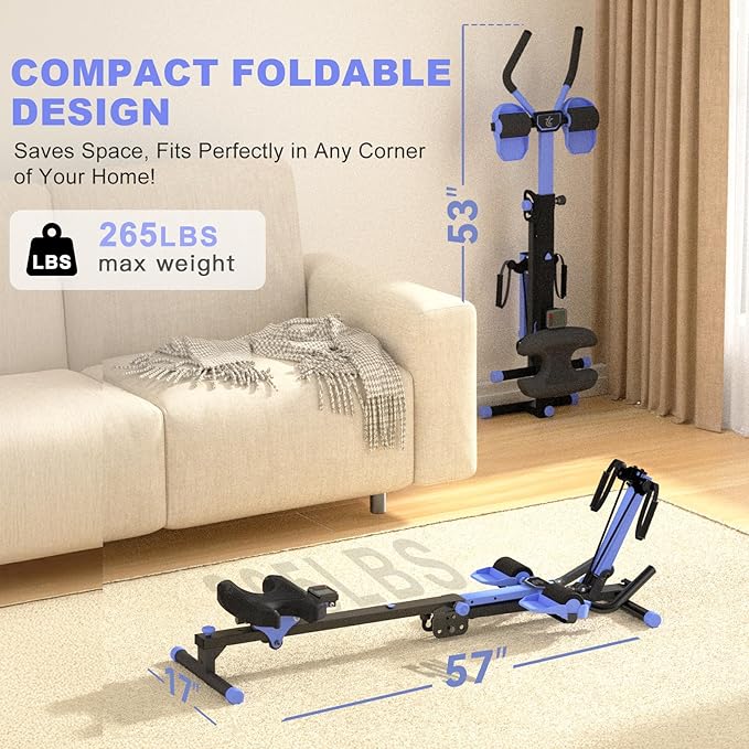 TOUSAINS 3 in 1 Ab Machine, Foldable Rowing Machine & Cable System, Core Trainer for Abdominal Workout, 4-Level Height & 2 Resistance Levels, All-in-One Home Gym Equipment for Weight Loss & Sculpting