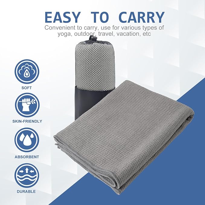 Eunzel 2 Pack Hot Yoga Towel, Non-Slip Yoga Mat Towel with Grip Dots Stickyfiber Sweat Absorbent Towel for Hot Yoga, Pilates and Workout 72" x 24", Grey