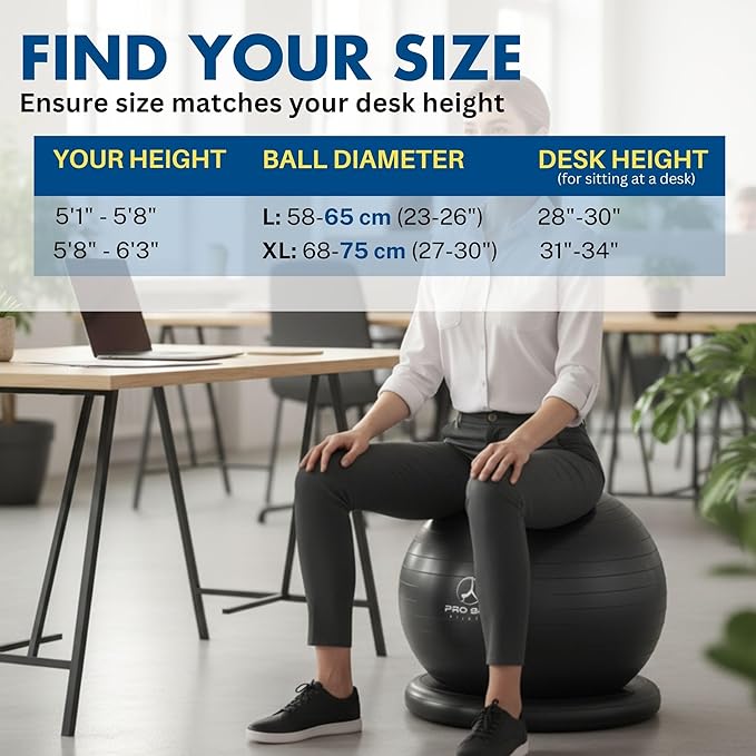 ProBody Pilates Yoga Ball Chair, Exercise Ball Chair with Base or Stand for Home Office Desk Sitting or Workout, 65cm Antiburst Balance & Stability Ball Seat, Large Gym Ball for Back, Abs