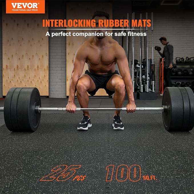 VEVOR 0.56Inch 100sq.ft 25 Tiles Gym Flooring for Home Gym, Rubber Top with High Density EVA Foam, 25 x 25In Gym Floor Exercise Equipment Mats, Interlocking Gym Mats, Puzzle Workout Mats, Black & Gray