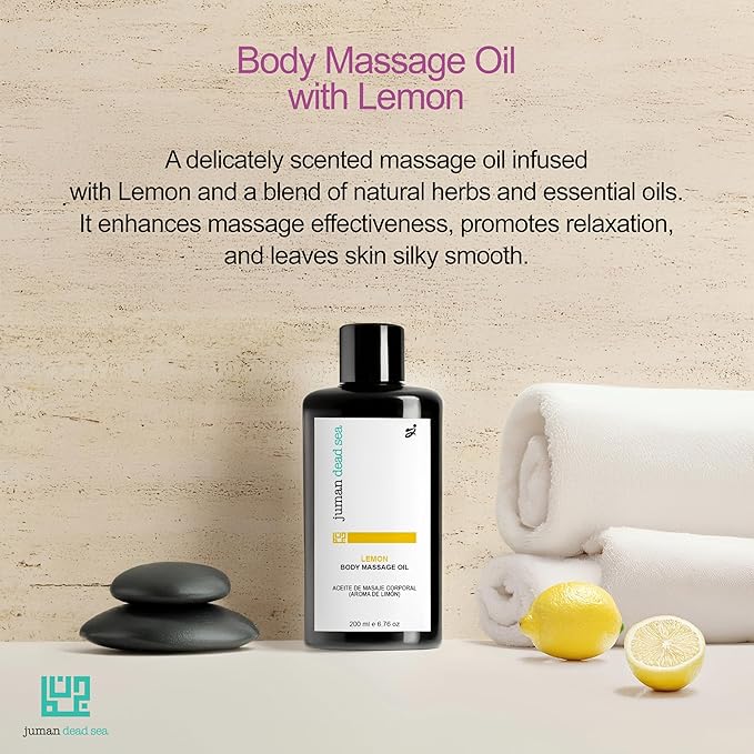 Juman Dead Sea Therapeutic Body Massage Oil | Lemon Scented | Enriched with Olive, Sweet Almond and Other Essential Oils | Relaxing, Massage Oil | for Silky & Softer Skin | Body Moisturizer | 6.76 OZ