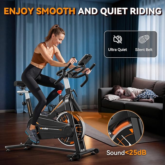 Exercise Bike, Wenoker Stationary Bike for Home App Sync Indoor Bike with Adjustable Seat and Multi-grips Handlebar, Transport Wheels and Fitness Courses for Weight Loss