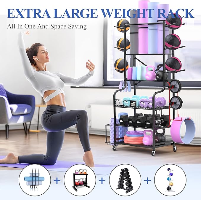 Mythinglogic Yoga Mat Storage Racks,Home Gym Storage Rack for Dumbbells Kettlebells Foam Roller, Yoga Strap and Resistance Bands, Workout Equipment Storage Organizer With Hooks and Wheels