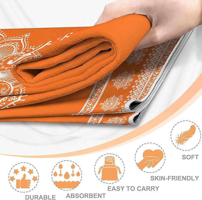 Yoga Towel,Absorbent Yoga Mat Towel for Hot Yoga Non Slip,Stylish Prints,Ideal for Workouts,Hot Yoga,Bikram,Pilates Equipment,72 x 27 in,Orange Mandala