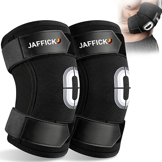 Jaffick Weightlifting Elbow Brace (1 Pair) - Elbow Sleeve with Dual Adjustable Compression Straps for Bench Press, Powerlifting, Pressing, Men & Women(Black, M)
