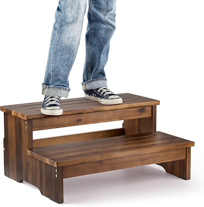 TINAMO 25" Acacia Bed Steps for High Beds for Adult 500LBS - 2-Step Wood Step Stool - Wooden Step Stool for Bed - Heavy Duty Hot Tub Steps & Hot Tub Stairs - Walnut Color (Patent Pending)