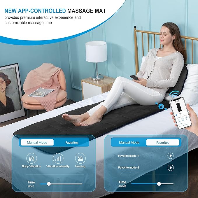 COMFIER Full Body Massage Mat with Heat & Vibration - 10 Motors, App Control, Movable Shiatsu Neck Pillow & 4 Heating Pads for Neck, Shoulders, Back, Black