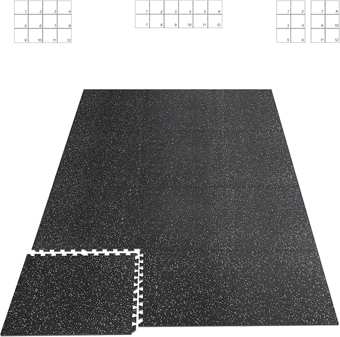 HAPBEAR 0.56'' Thick 12 Pcs 48 Sq Ft Exercise Equipment Mats - High-Density Rubber Top EVA Foam Interlocking Mats, 24x24in Tiles, Heavy-Duty Treadmill Mat for Hardwood Floors, Home Gym Mat