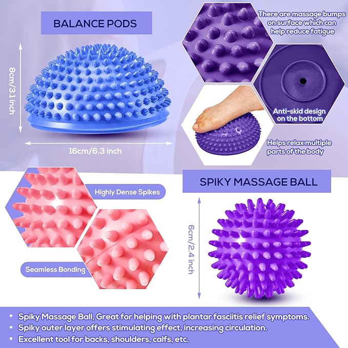 Meooeck 8pcs Hedgehog Balance Pods with Hand Pump Including 1 Balanced Pad, 3 Balance Pods, 4 Spiky Massage Balls for Body Balancing, Sensory Play for Adult Dog Exercise Stability