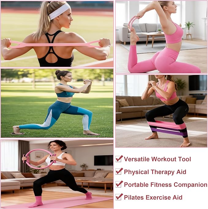 Pilates Kit for Home Workouts, Pilates Equipment Set with Ring, Ball, 5 Resistance Bands, Magic Circle Hoop, Gliding Discs, Compact Toning Fitness Essentials Starter Accessories Pilates Sets for Women