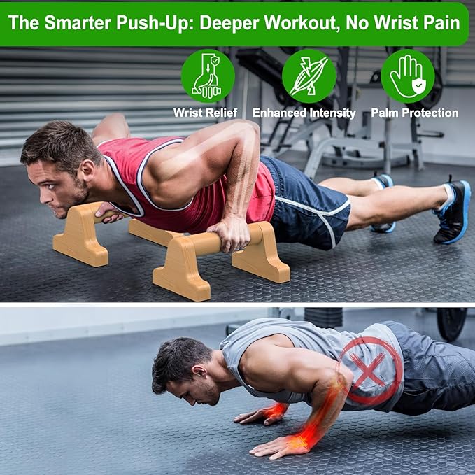 SELEWARE Wood push up bars Parallettes bars Anti-slip Handstand Bars for Calisthenics, Fitness, Floor workouts Solid Wood with Sturdy Metal Bracket, Support 600 lbs