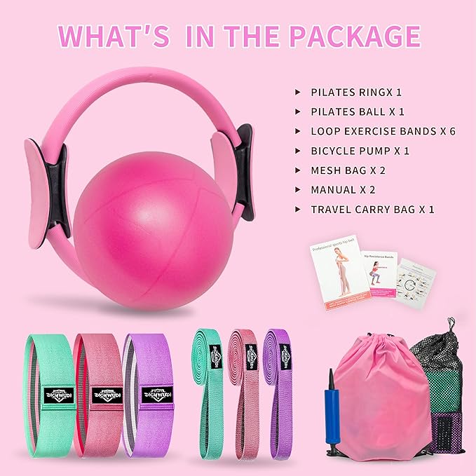 Pilates Essentials Kit for Home Women, Pilates Equipment for Workouts, 6 Fabric Resistance Bands, 12 Inch Magic Circle Yoga Ring, Mini Exercise Ball, Great Exercise Accessories