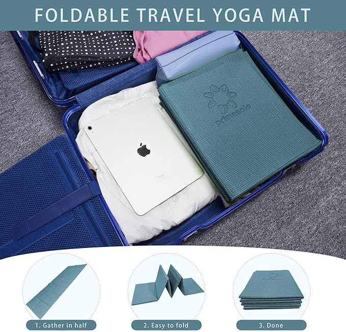 Primasole Folding Yoga Travel Pilates Mat Foldable Easy to Carry to Class Beach Park Tear resistant Travel Picnics 4mm Thick 9 Colors