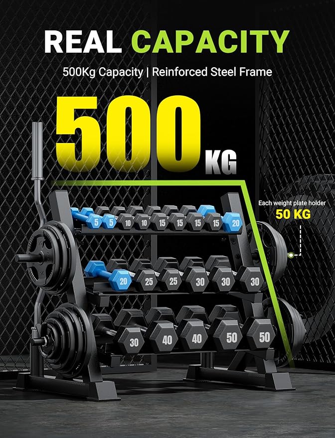 YOLEO Professional Dumbbell Rack, 1100LBS Capacity Weight Rack for Dumbbells Barbells Kettlebells, 3-Tier Adjustable Weight Stand, Multifunctional Weight Storage, Compact Weight Organizer for Home Gym (Rack Only)