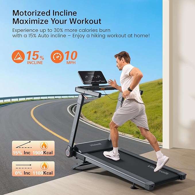Foldable Treadmill with Auto Incline - Vitalwalk Commercial 48"x18" Wide Running Belt, 20% / 15% Incline, 10MPH, 3.5HP Brushless, Walking Pad Treadmill for Home, Auto Folding, No Installation, 350LBS