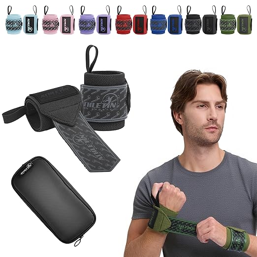 Professional Wrist Wraps, Heavy-Duty Support with Thumb Loop 18 Inch Pair for Powerlifting, Bodybuilding, Cross Training - Mesh carry pouch included (Black)
