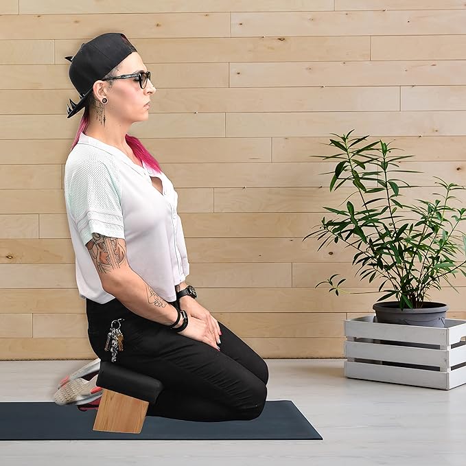 Mudra Crafts Maroon Foldable Meditation Chair - Yoga Zen Meditation Bench Kneeling Stool - Wooden Meditation Stool with Cushion - Prayer Kneeler Seiza Meditation Seat