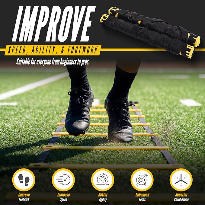 Agility Ladder, 2 Pack - Exercise and Training Ladder Set with Ground Stakes for Football, Soccer, Tennis, and More - Improves Speed & Fitness - Complete with Carrying Bag