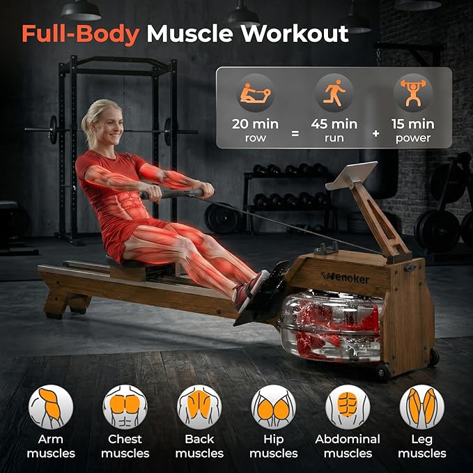 Water Rowing Machine for Home Use, WENOKER Wooden Foldable Rower Machine with Dedicated Monitor & Bluetooth APP, Large Water Tank & Comfortable Seat for Immersive Water Rower, 350LBS Weight Capacity
