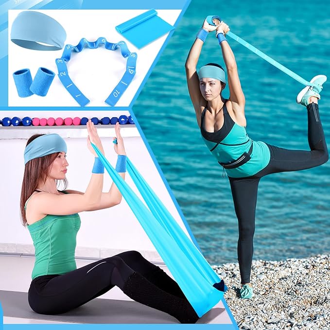 Poen 18 Pcs Home Pilates Ball and Ring Circle Set Yoga Fitness Essentials Kit with 5 Resistance Band Stretching Strap Non Slip Sock Ball Core Slider Wristband Headband Gym Bag for Women
