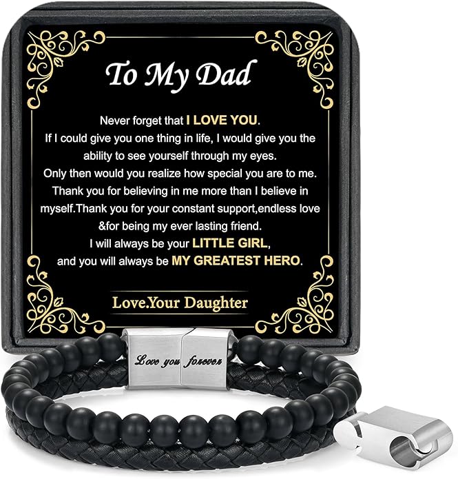 LUXEJEW Gifts for Men - Beaded Leather Bracelet 6mm Matte Agate Stone Bracelets for Men Dad Son Husband Boyfriend Grandpa Grandson Brother Uncle Nephew Adjustable Magnetic Clasp