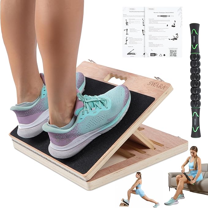 14″ Wide Premium Portable Wooden Slant Board, Thicker Bottom – Professional Adjustable Calf Stretching, Beginner & Rehab Friendly, Exercise Guide and Bonus Muscle Roller, Squats, Physical Therapy