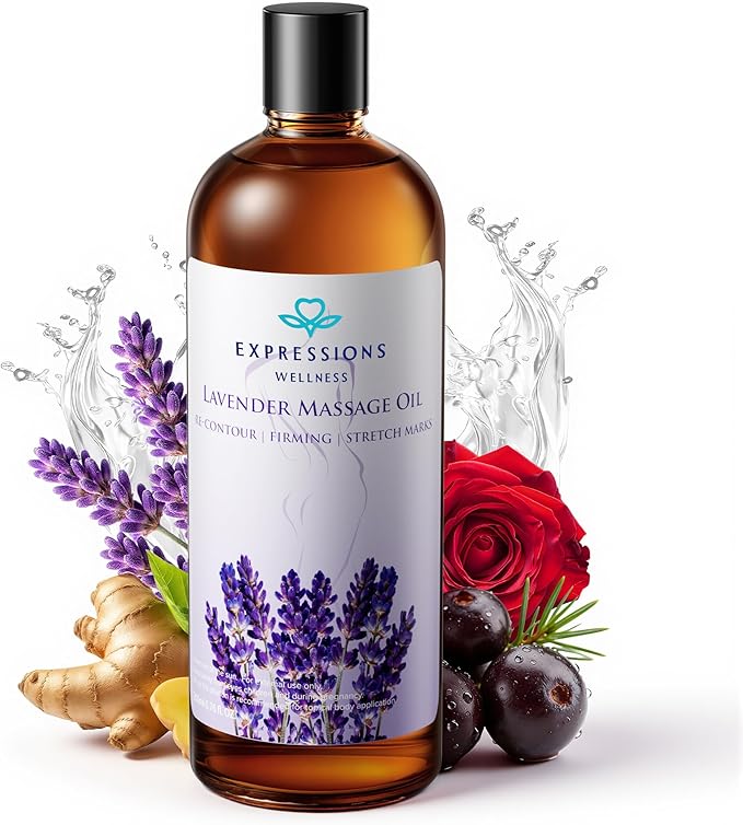 Anti Cellulite Massage Oil for Massage Therapy - Body Firming Oil for Sore Muscle Relief with Lavender, Ginger & Grapefruit for Lymphatic Drainage and Relaxation
