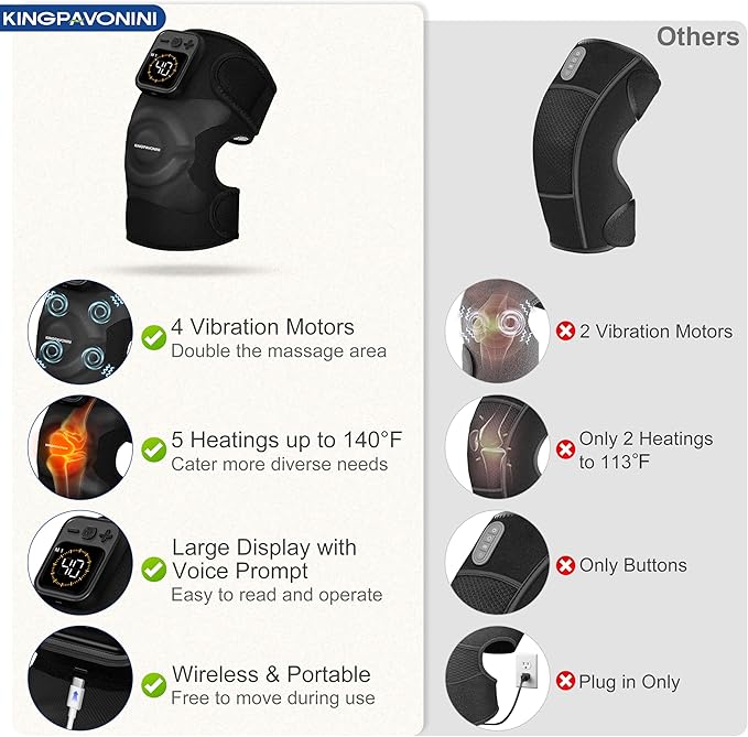 KingPavonini Cordless Knee Massager for Pain Relief, Newly 4 Motors Vibration, 5 Heat Levels, 6 Massage Modes, Knee Heating Pad for Knee Pain, Heated Knee Massager Brace, for Mom Dad (Black 1.0)