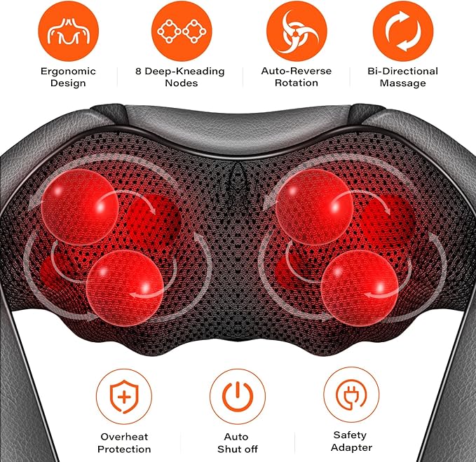 Shiatsu Electric Massager with Heat - 3D Kneading Pillow for Neck, Back, Shoulder, Muscle Pain Relief - Office, Home, Car Use - Fits Parents (Gray-button)