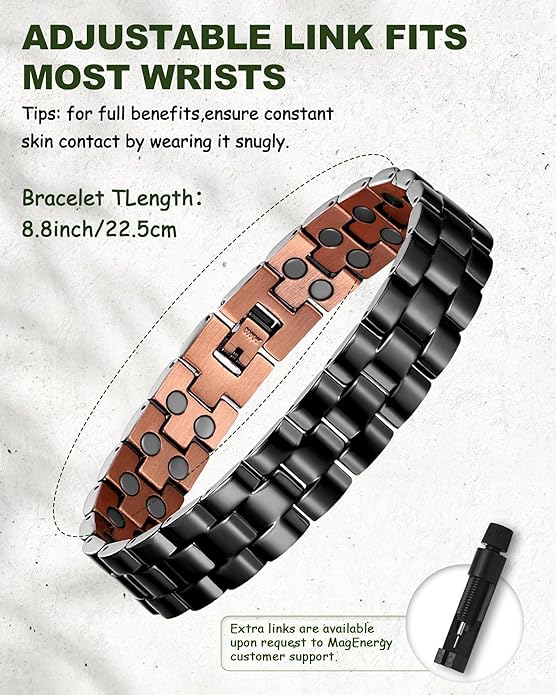 MagEnergy Mens Copper Magnetic Bracelets, 99.9% Pure Copper Bracelet with Double-Row Strength Magnets, Adjustable Jewelry with Sizing Tool