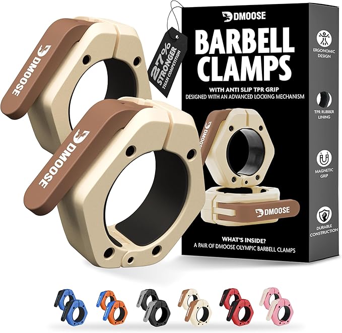 DMoose Fitness Barbell Clips 2 Inch (Pair) - Quick Release Olympic Barbell Clamps & Collars with Anti Slip TPR Grip for Secure Weightlifting and Powerlifting - Weight Clips for Bars at Home or Gym