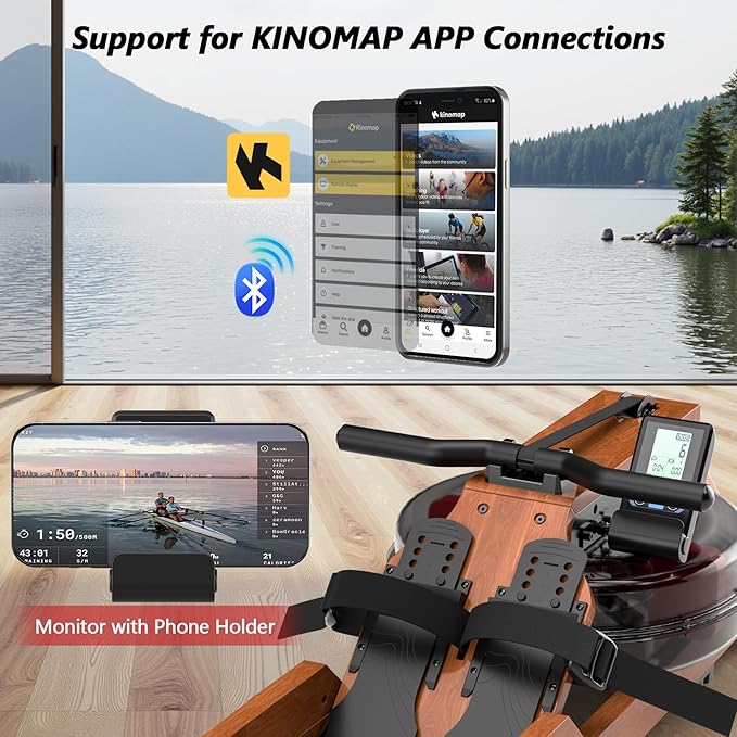 Water Rowing Machine for Home Use, WENOKER Wooden Foldable Rower Machine with Dedicated Monitor & Bluetooth APP, Large Water Tank & Comfortable Seat for Immersive Water Rower, 350LBS Weight Capacity
