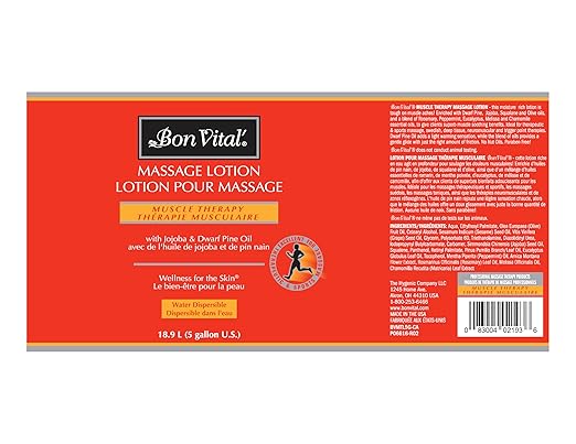 Bon Vital' Muscle Therapy Massage Lotion with Dwarf Pine Oil and Essential Oils for a Massage, Aids in Muscle Recovery Through IASTM and Graston, 5 Gal, Label may Vary