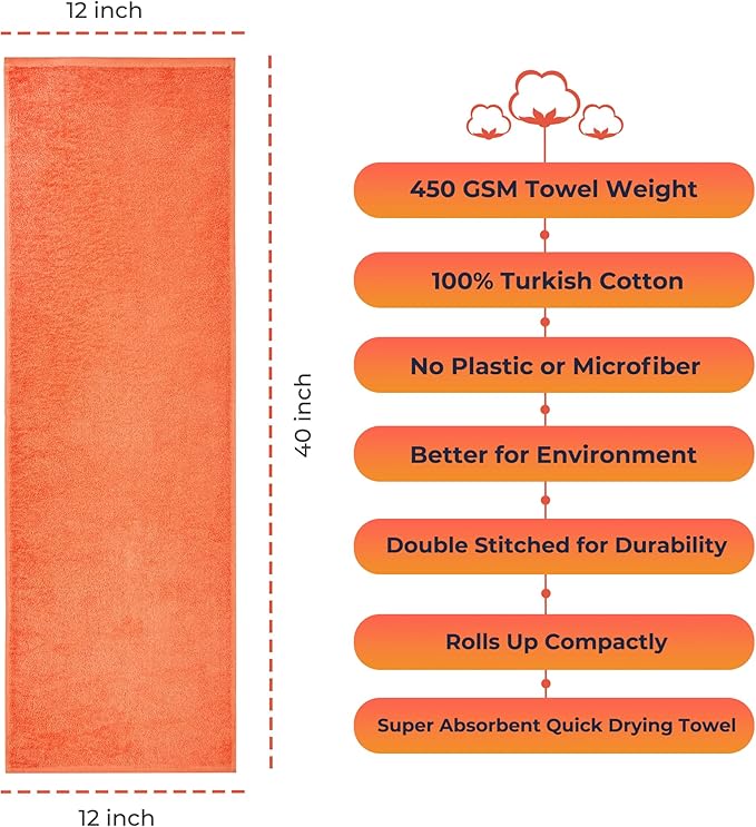 NUKURA 12’’x 40’’ Ultra Soft Workout Towel 1 Piece, High Absorbent 100% Cotton Towels, 450 GSM, Bulk Orders, Orange Color, Running, Sweat, Yoga, Neck Wrap, Workout Towels