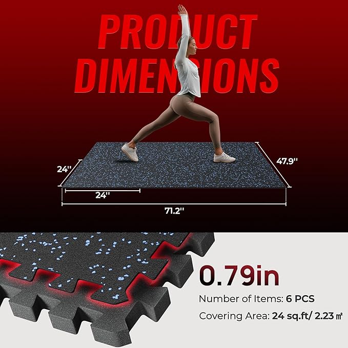 SUPERJARE 0.79'' Extra-Thick Exercise Equipment Mats, 6 Pcs 24 Sq Ft Rubber Top Floor Tiles with High Density EVA Foam, Interlocking Gym Flooring for Home Gym, Protective Workout Mat, Black/Blue