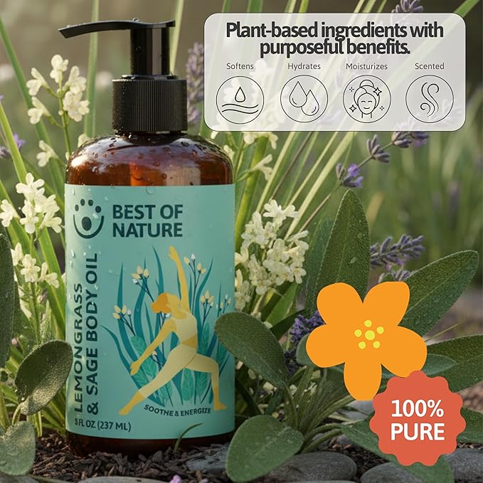 Best of Nature Lemongrass and Sage Massage Oil Blend - Non-Greasy Aromatherapy Massage Oil for Body, Skin & Face, Crafted with Pure Essential Oils (8 fl oz)