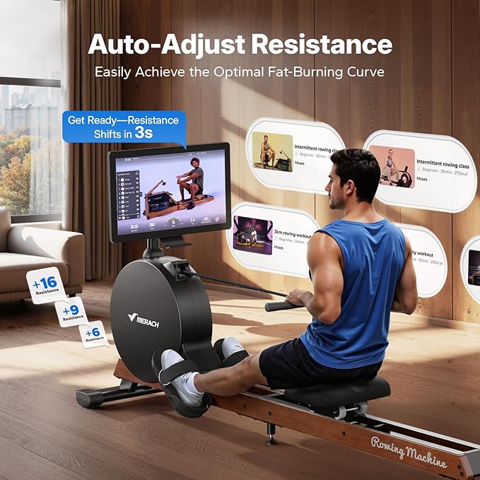 MERACH Pro-Grade Rowing Machines for Home, Smart Magnetic Rowing Machine with Self-Generation, Double Resistance and 400 LBS MAX Load, Wooden Tracks for Silent Sliding, MERACH App 1000+ Course & Games